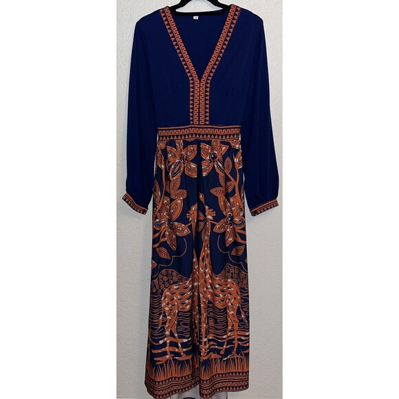 Rotita Giraffe Print Open Back Dress Women Size XL Blue/Orange - Picture 1 of 12